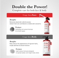 An informational graphic for Meridia Skin Care showing two product bottles with text about usage area face and body. The top section is white with a red header and black headline reading 'Double the Power! Complete care for both face & body, Medicube Hypochlorous Acid Peel Shot 80ml