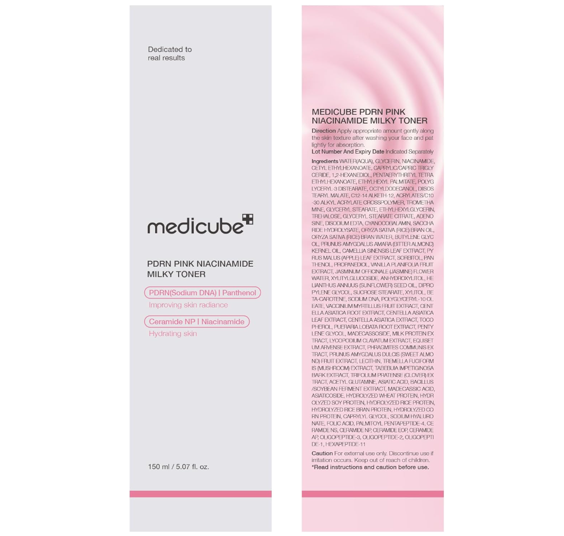 Medicube PORN Pink Niacinamide Milky Toner packaging with text on a white background, Medicube PDRN Pink Niacinamide Milky Toner 150ml