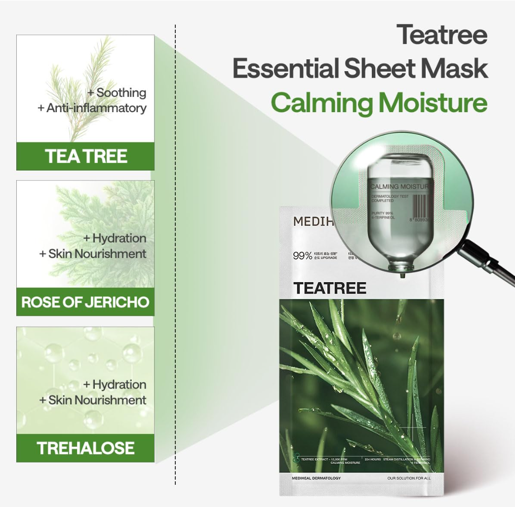 Teatree Essential Sheet Mask packaging with magnifying glass showing product details on a white background, Mediheal Teatree Mask 10+1