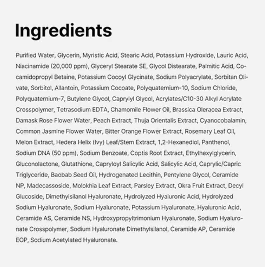 List of ingredients on a white background, Medicube PDRN Pink Niacinamide Whip Cleanser 120g