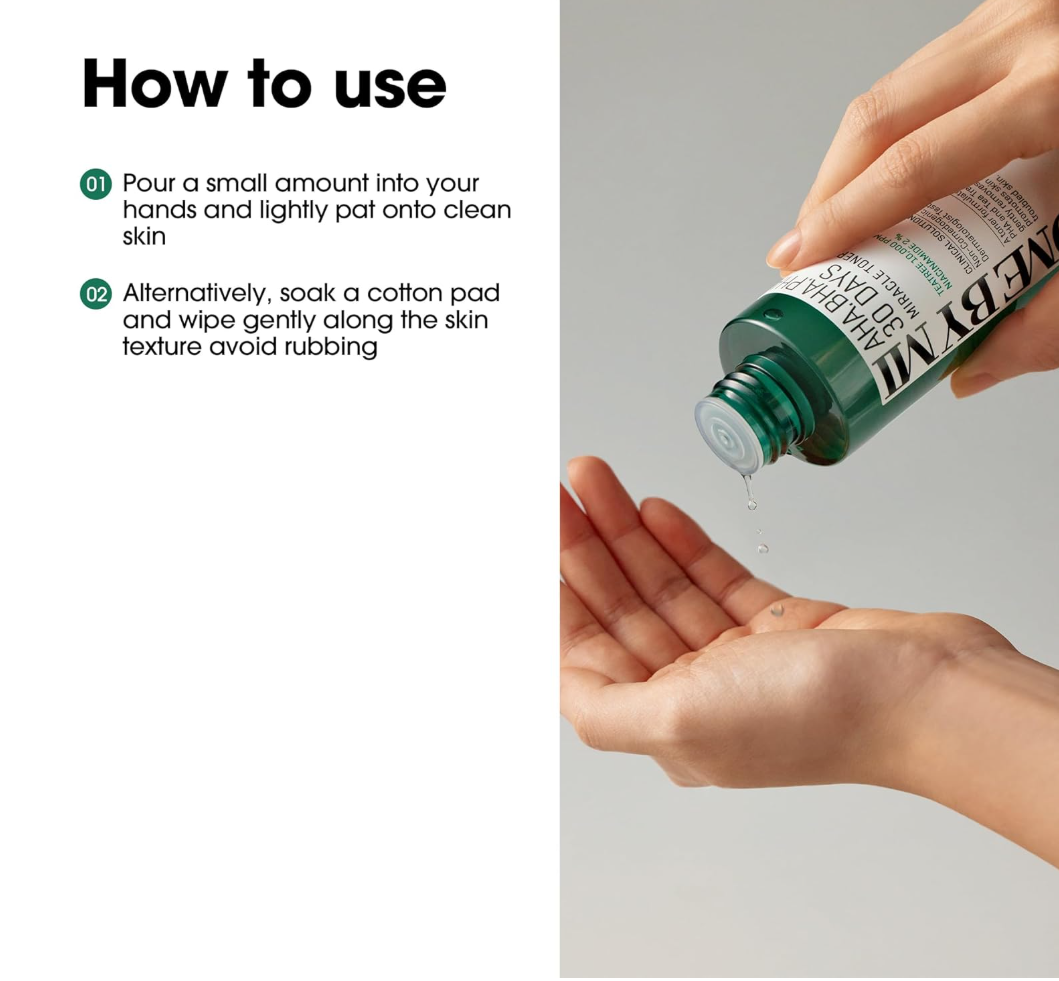 Hand using a bottle to apply a product with text on how to use it, Somebymi AHA.BHA.PHA 30 Days Miracle Toner 150ml