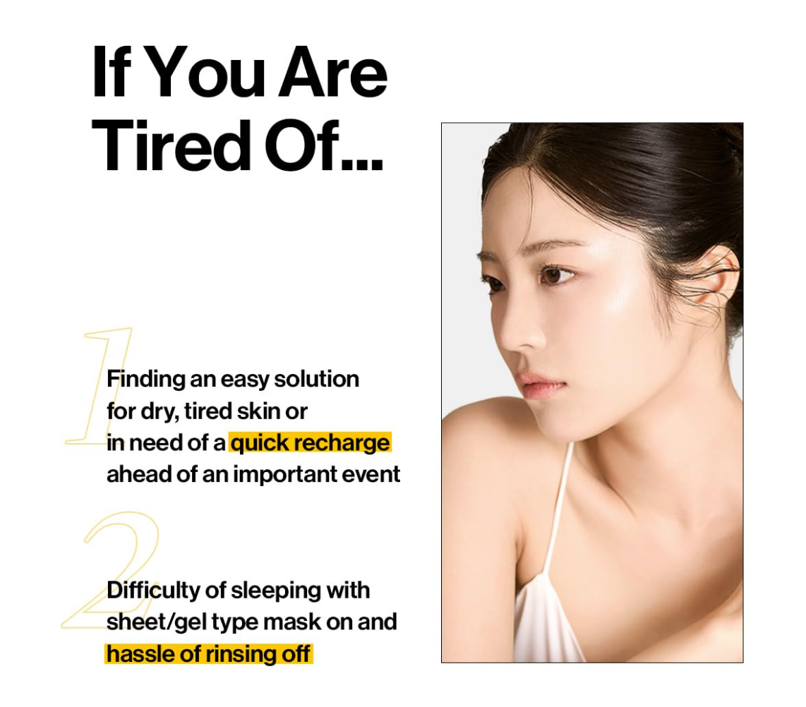 Advertisement for a skincare product featuring a woman with clear skin and text about product benefits, D'Alba Waterfull Vegan Sleeping Pack 4ml x12 pcs