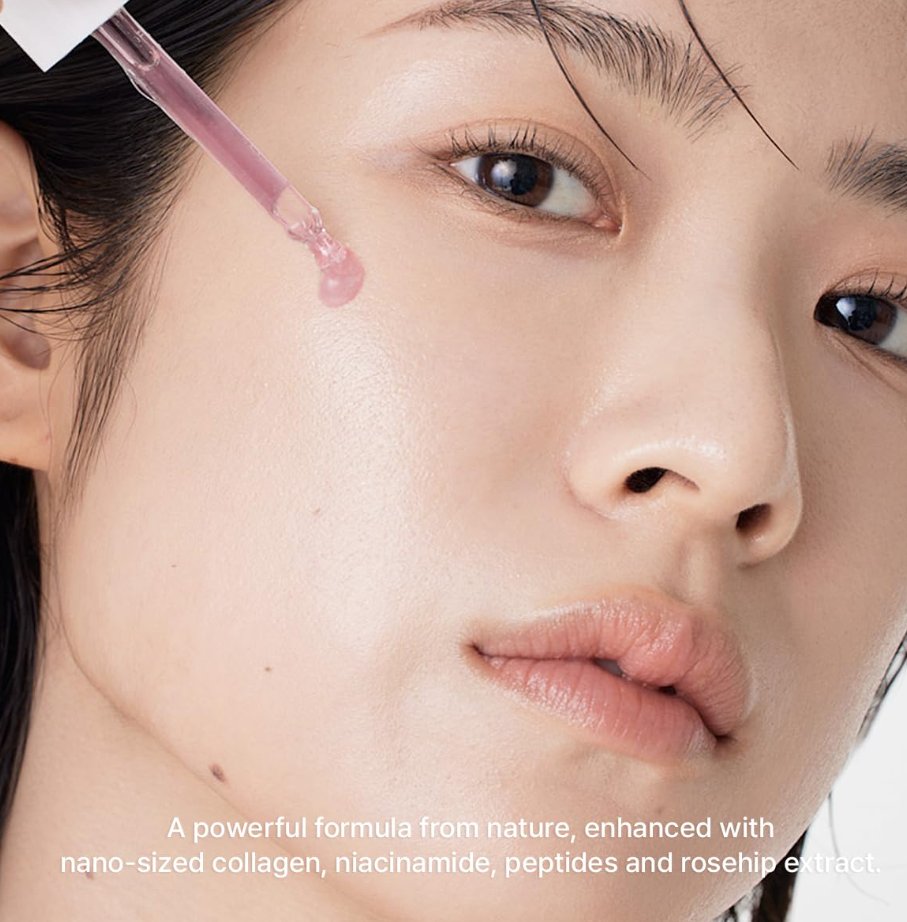 Close-up of a woman's face with a cosmetic product being applied to her skin, Arencia Red Smoothie Serum 8 30ml