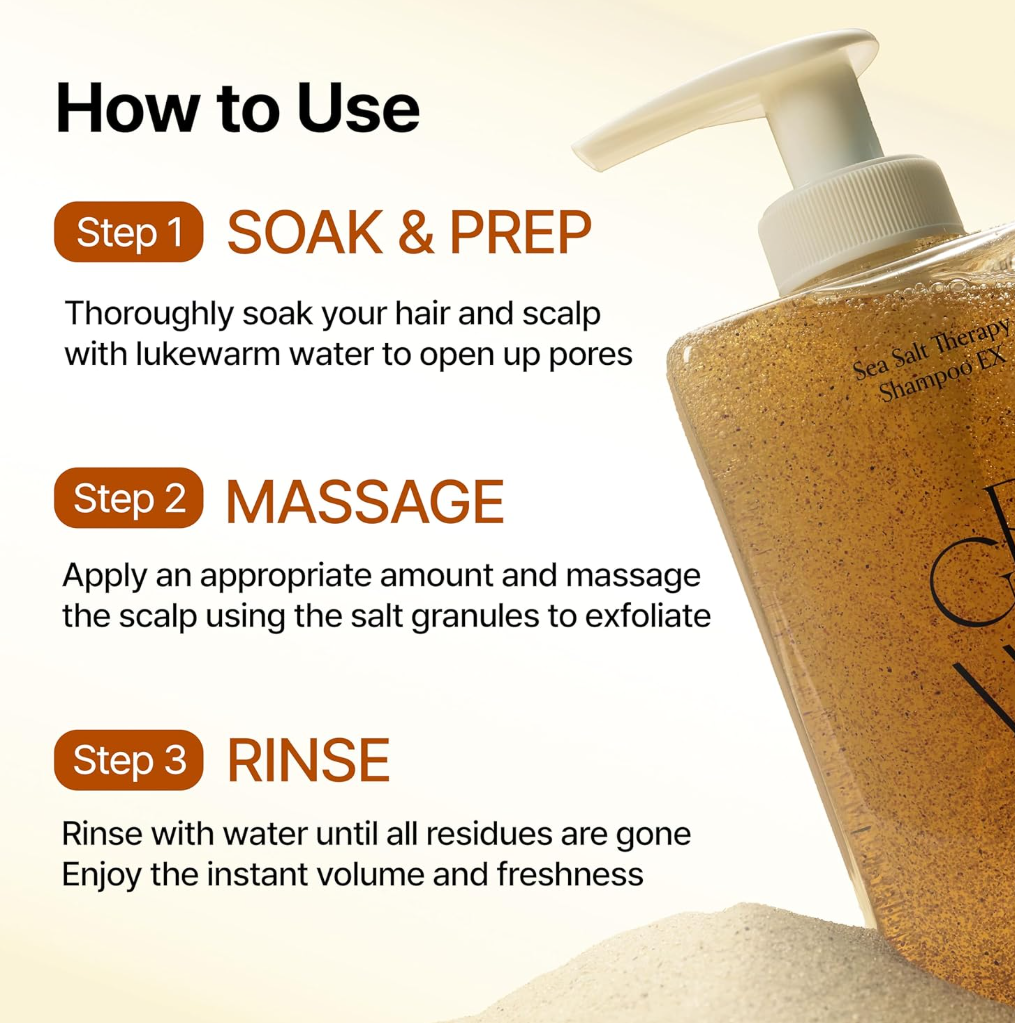 Shampoo bottle with step-by-step usage instructions on a white background, Growus Sea Salt Therapy Shampoo 500g