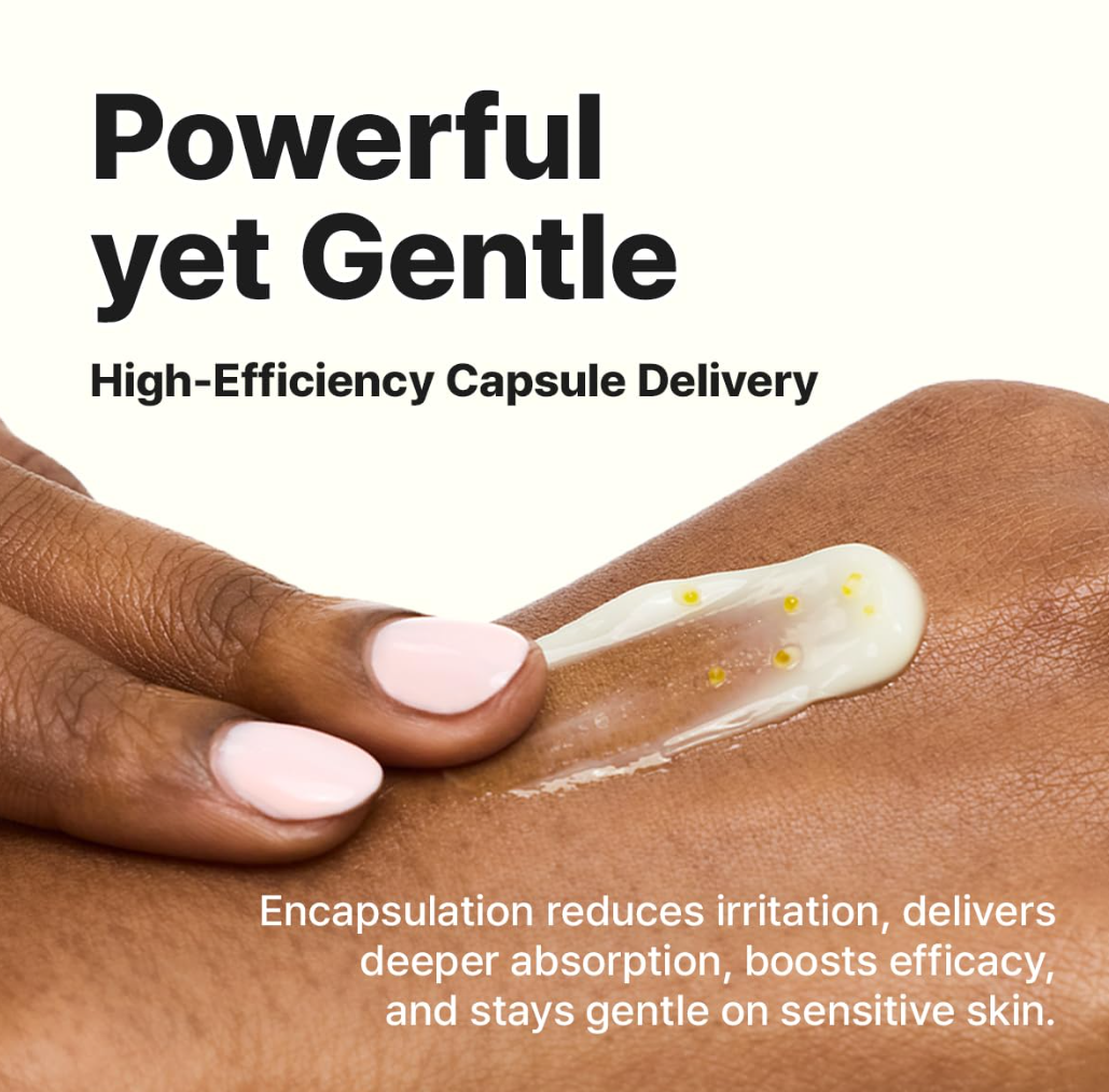 Hand applying cream to skin with text about high-efficiency capsule delivery, Goodal Vita-C Dark Spot Care Cream 50ml