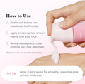 A hand holding and squeezing a pink cosmetic tube to dispense white cream onto another hand, with text instructions on how to use the product on a soft pink background, Medicube PDRN Pink Collagen Bubble Serum 95ml