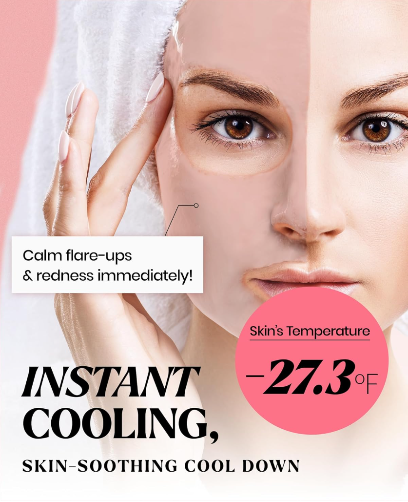 Woman with a towel on her head, split face showing before and after effects, with text about instant cooling and skin soothing, Lindsay Pearl Modeling Mask Cup Pack 28g