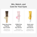 Three eye care products are shown on a light gray background with headline text reading 'Mix, Match, and Care for Your Eyes.' The products are three slim cosmetic tubes: a dark brown tube labeled Deep Reviving Peptide Eye Cream, a pale pink tube labeled PDRN Pink Peptide Eye Serum, and a yellow tube labeled Kojic Acid Turmeric Gel Serum, each with a small cream/gel swatch beside it, MEDICUBE Kojic Acid Turmeric Vita Eye Gel Serum 30ml