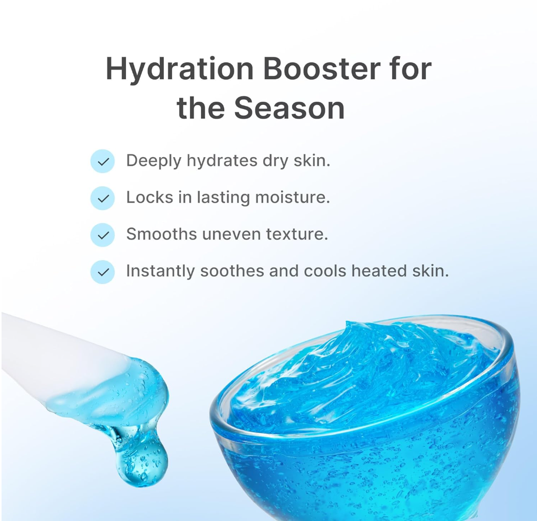 Hydration booster product with blue gel and text highlighting benefits on a light blue background, Medicube Hyaluronic Ceramide Jelly Cream 50ml