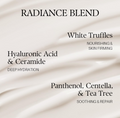 Radiance Blend ingredients list with a soft beige background, D'Alba UV ESSENCE Waterfull+ Broad Spectrum SPF 50+ 50ml