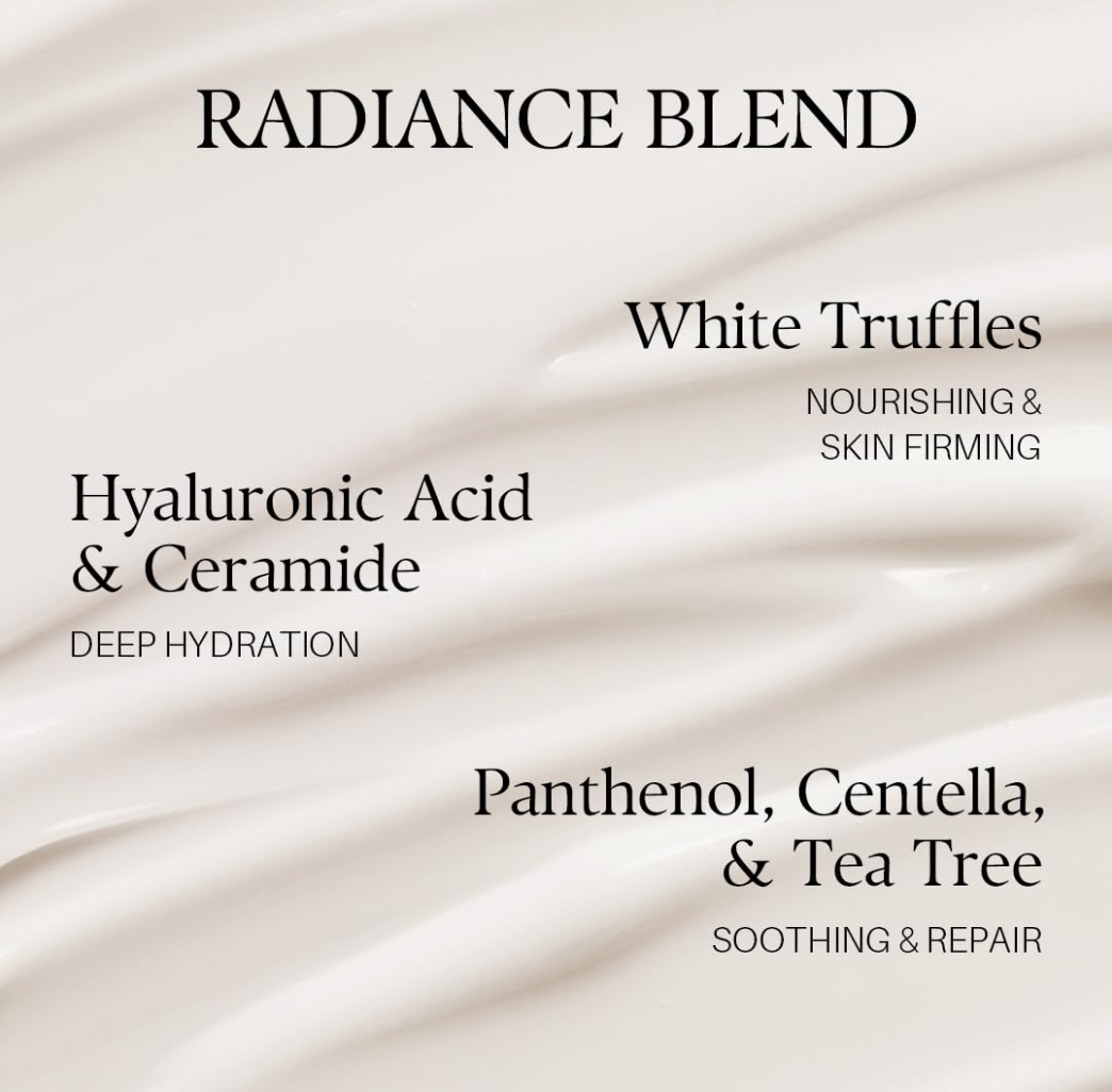 Radiance Blend ingredients list with a soft beige background, D'Alba UV ESSENCE Waterfull+ Broad Spectrum SPF 50+ 50ml