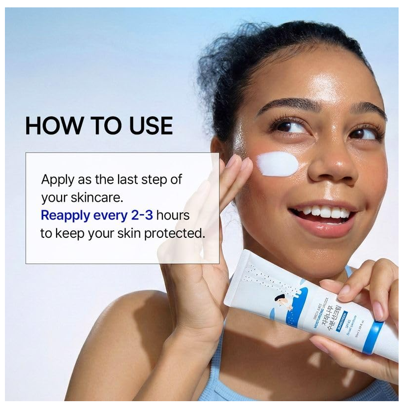 Woman applying sunscreen with text on how to use it, Round Lab Birch Juice Moisturizing UV Lock Sunscreen SPF45++++ 50ml