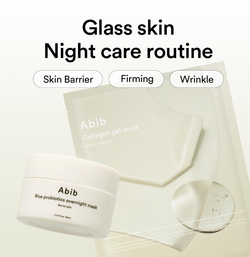 Abib skincare products with text on a white background, Abib Collagen Gel Mask Jericho Rose Jelly 4ea
