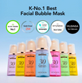 Menokin facial bubble mask bottles with certification badges on a blue background, MENOKIN 30 Seconds Quick Bubble Mask MOIST Hyaluronic Acid 95ml