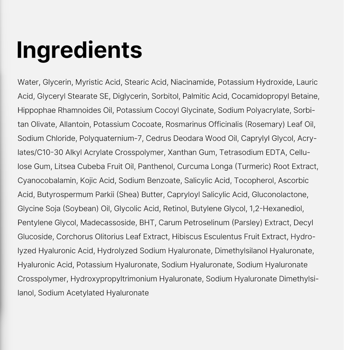 List of ingredients on a white background, Medicube Kojic Acid Turmeric Toning Cleanser 120g