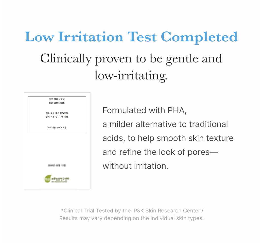 Text indicating a low irritation test completed with information about PHA and skin texture, Medicube Zero Pore Pad Mild 155g 70 pads