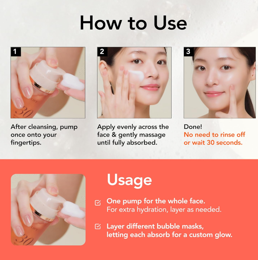 Instructions on how to use a skincare product with step-by-step images and text, MENOKIN 30 Seconds Quick Bubble Mask LIFT Collagen 95ml