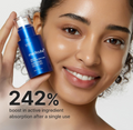 Woman holding a blue skincare product with text about active ingredient absorption, Medicube One Day Exosome Shot Pore Ampoule 2000 30ml