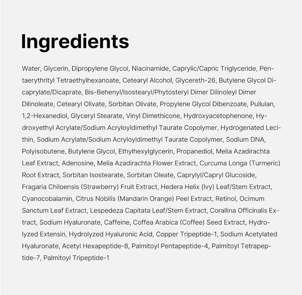List of ingredients on a white background, Medicube PDRN Pink Peptide Eye Cream 30ml