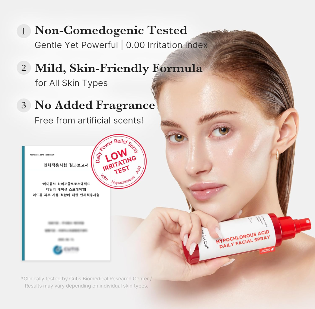Woman holding a facial spray with product details on a white background, Medicube Hypochlorous Acid Daily Facial Spray 125ml