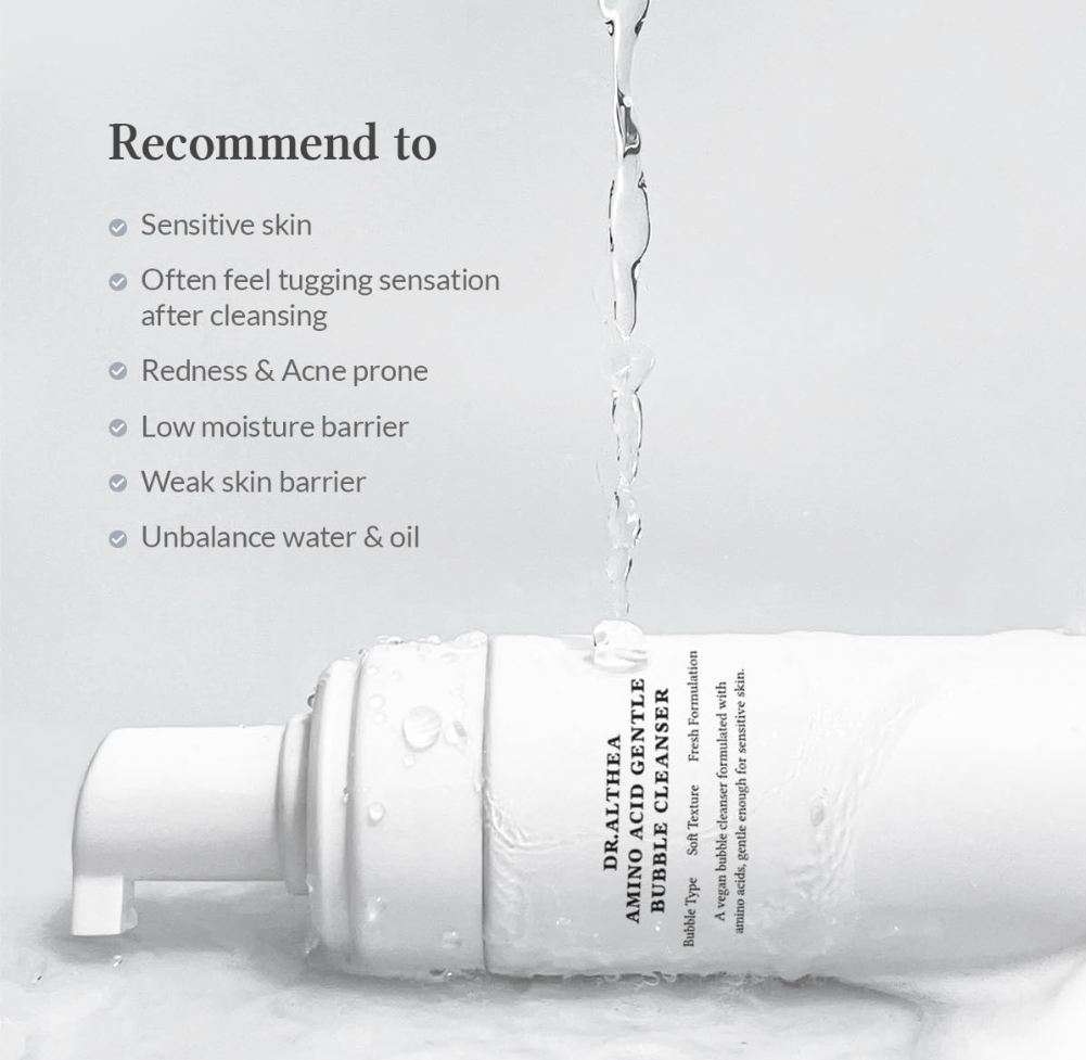 Dr. Jart+ Amino Acid Bubble Cleanser bottle with text on a gray background, Dr.Althea Amino Acid Gentle Bubble Cleanser 140ml