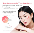 Woman with a patch on her face and text about non-comedogenic test completion, Medicube TXA Niacinamide Capsule Cream 55g