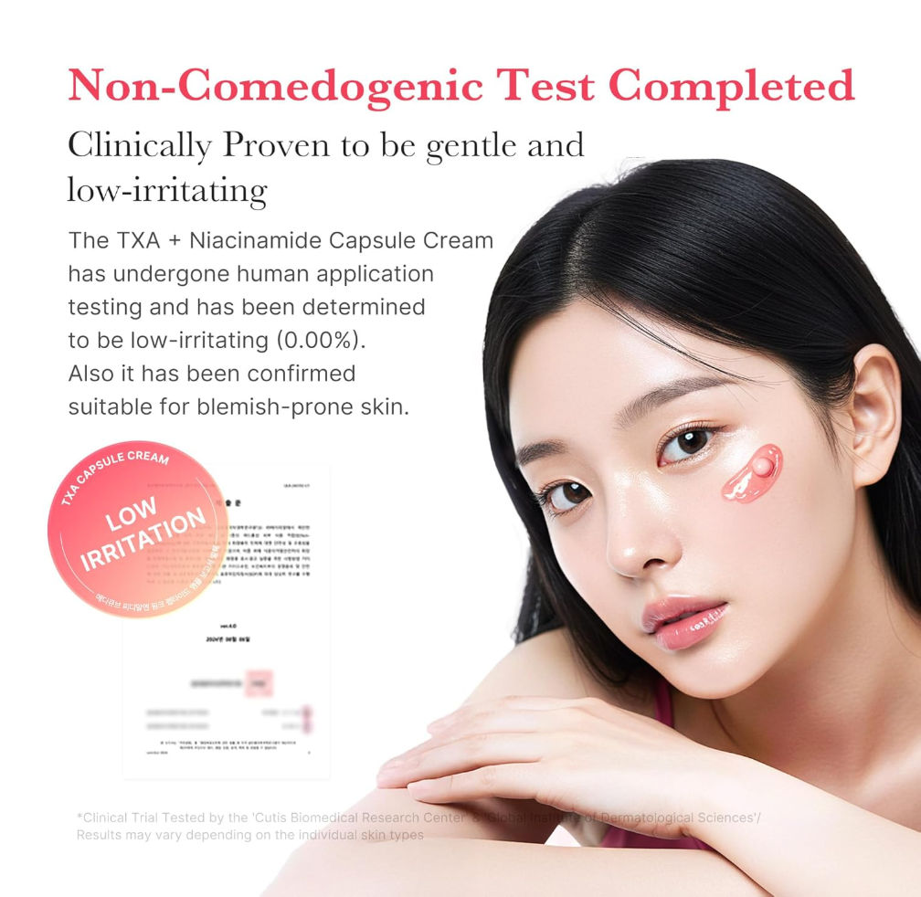 Woman with a patch on her face and text about non-comedogenic test completion, Medicube TXA Niacinamide Capsule Cream 55g