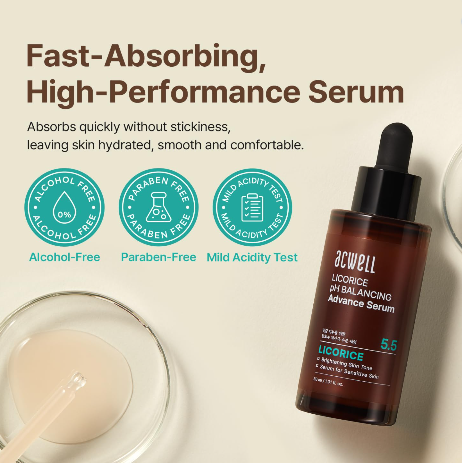 ACWELL Licorice pH Balancing Advance Serum bottle with serum on a applicator, on a beige background, Acwell Licorice pH Balancing Advance Serum 30ml