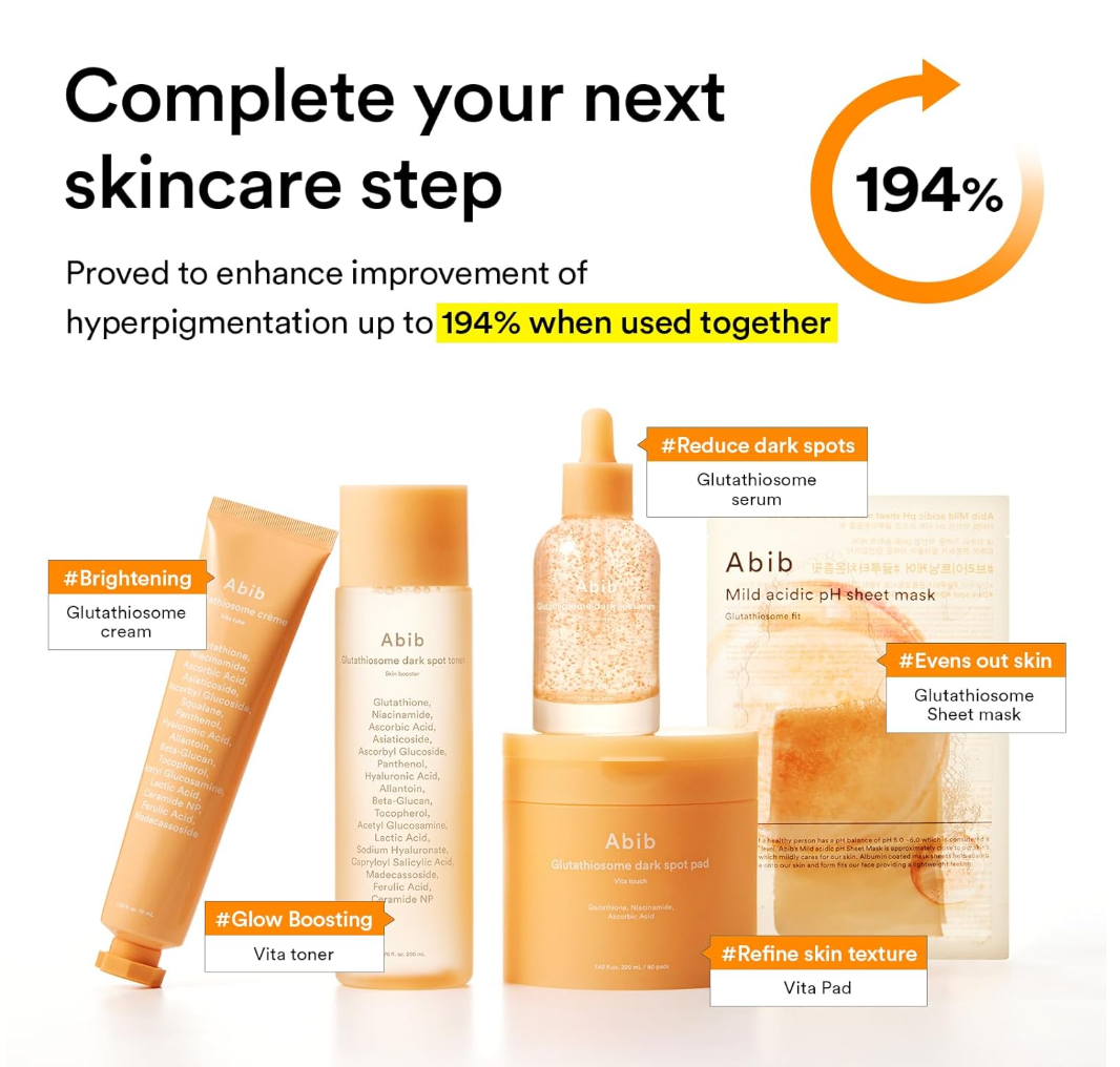 Skincare product set with text highlighting skincare benefits on a white background, Abib Glutathione Creme Vita Tube 75ml