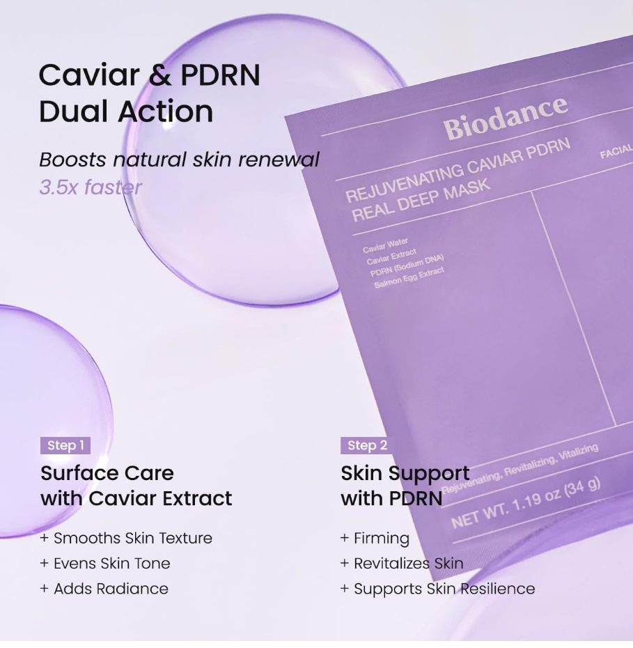Biodance Rejuvenating Caviar PDRN Real Deep Mask with product details on a light purple background, Biodance Rejuvenating Caviar PDRN Real Deep Mask 4 sheets