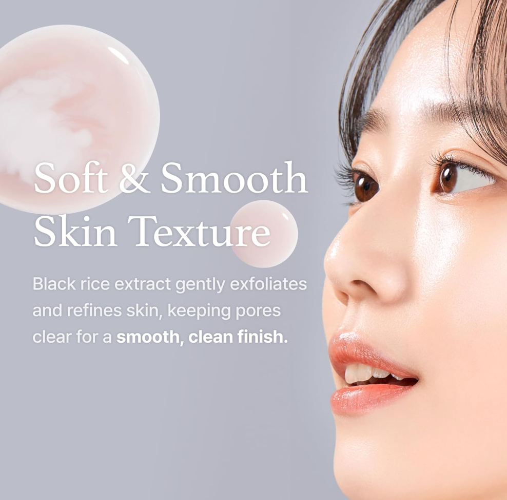 Close-up of a person's face with text about black rice extract skincare product, I'm From Black Rice Toner 150ml