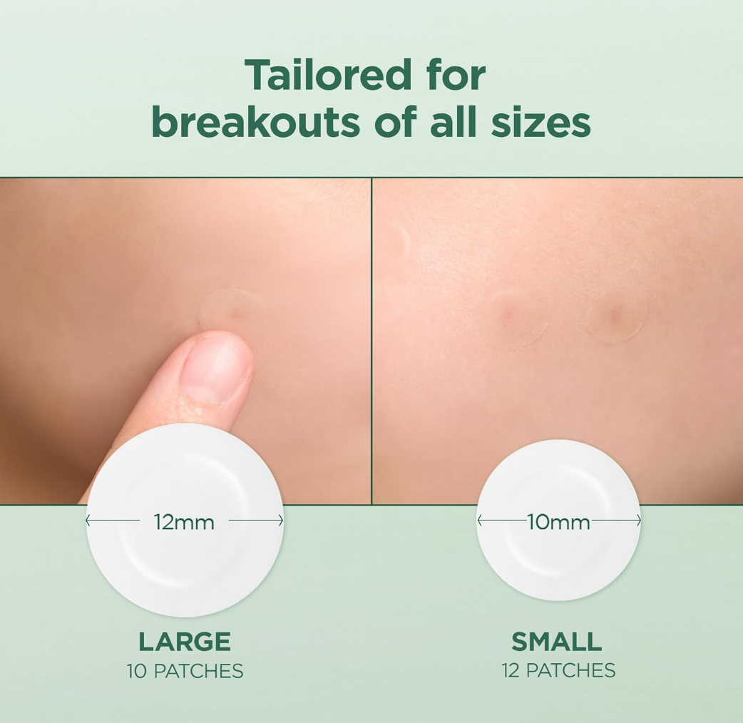 Comparison of large and small patches on skin with measurements and text indicating suitability for various breakout sizes, SKIN1004 Tea Trica Spot Cover Patch 22pcs