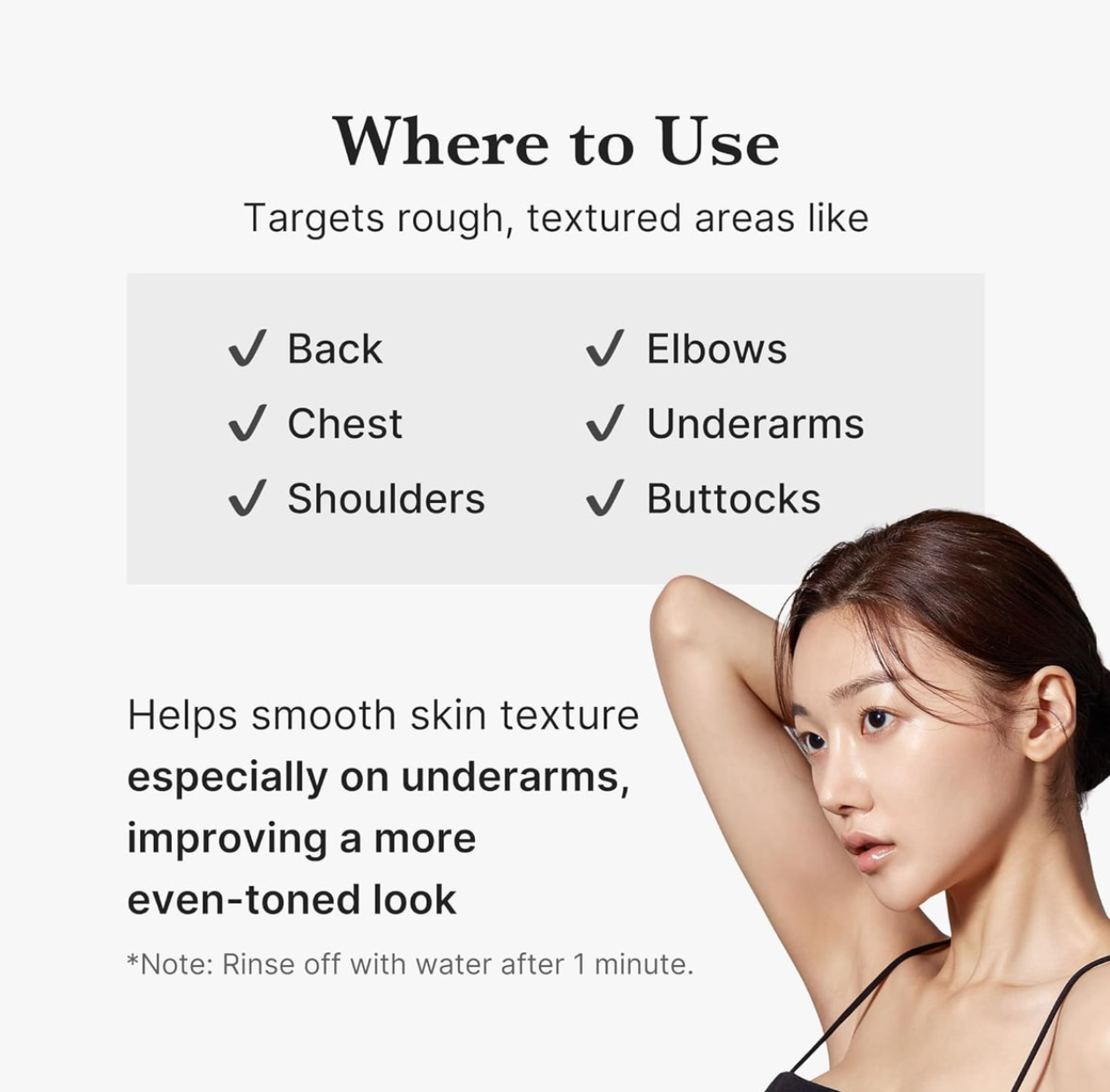 Product advertisement showing a woman using a skincare product on her arm with text about application areas, Medicube Red Acne Body Peeling Shot 110g