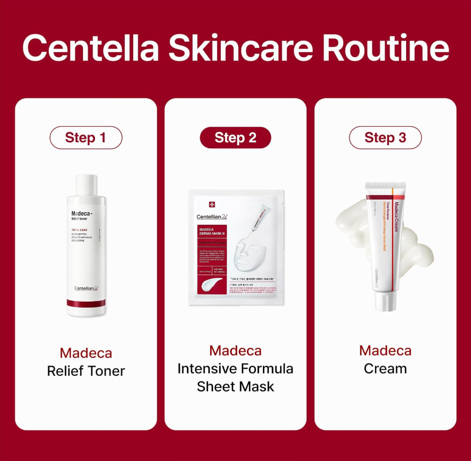 Centella skincare routine with Madeca products on a red background, Centellian24 Madeca Derma Mask lll Intensive Formula 10ea