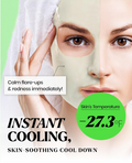 Woman applying a green face mask with text highlighting instant cooling and skin-soothing effects, Lindsay Collagen Modeling Mask Cup Pack 28g