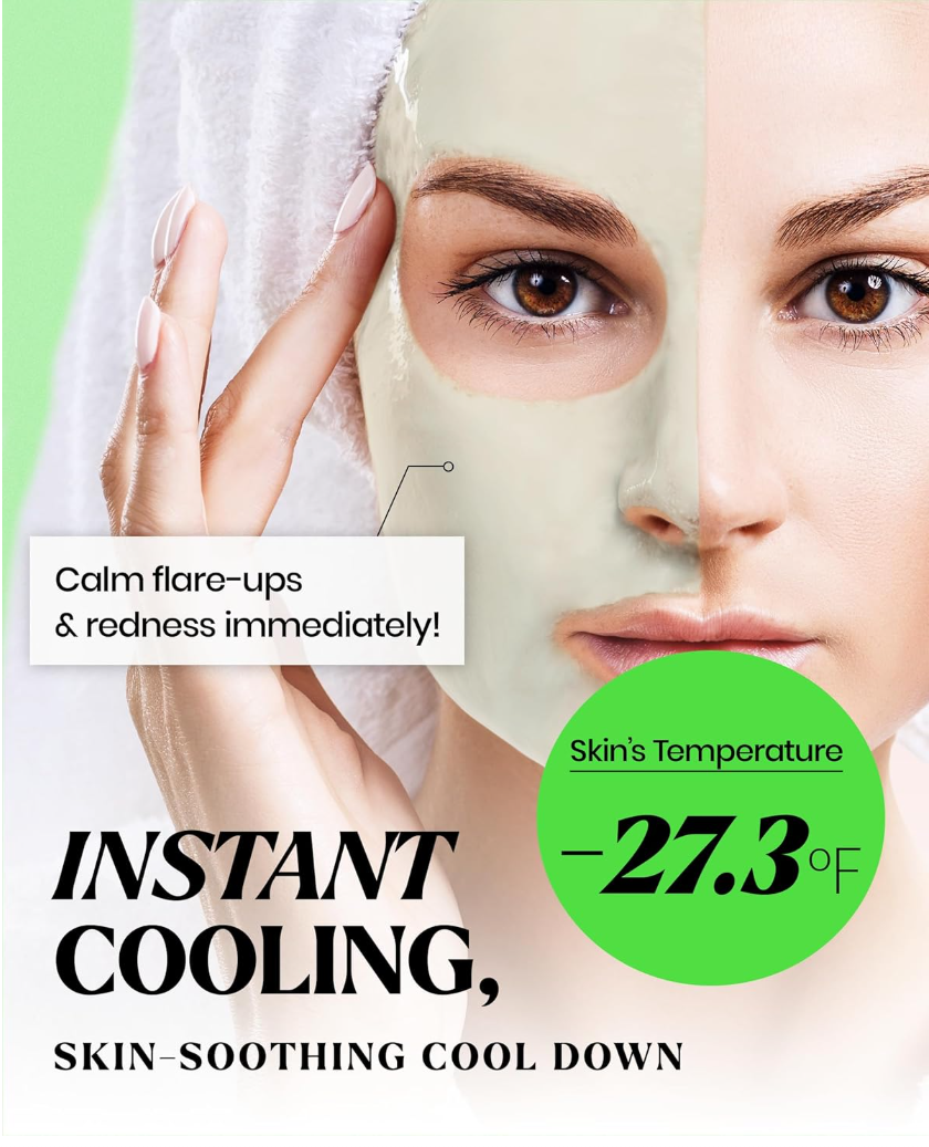 Woman applying a green face mask with text highlighting instant cooling and skin-soothing effects, Lindsay Collagen Modeling Mask Cup Pack 28g