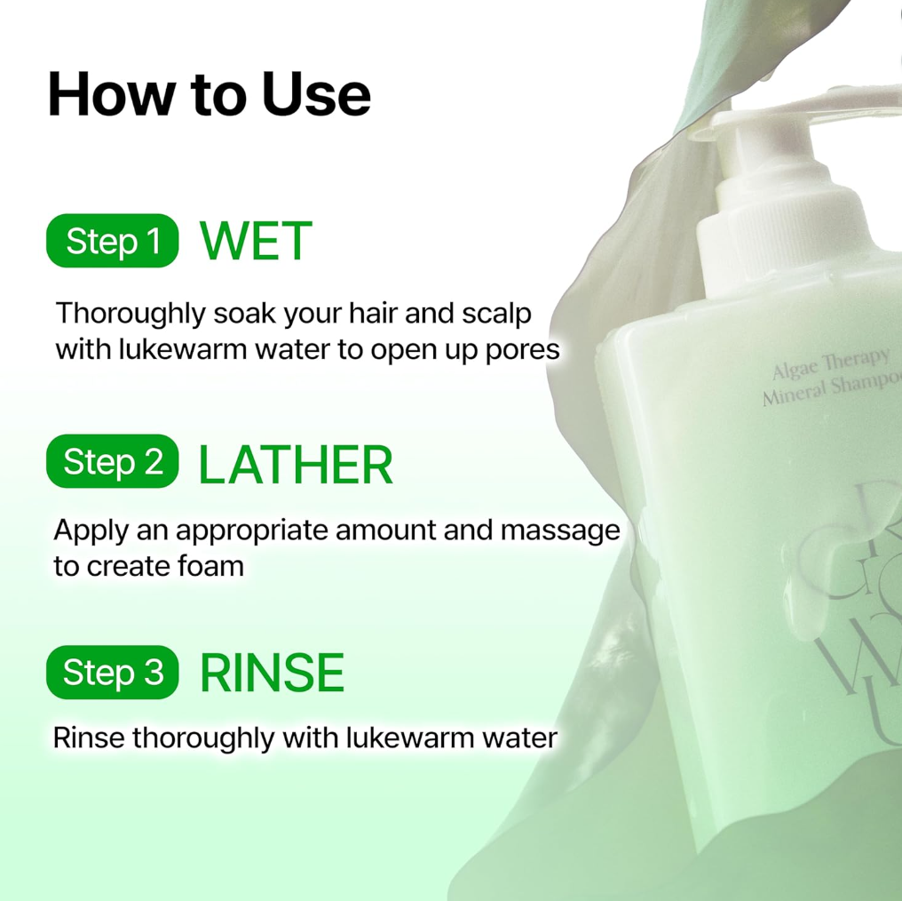 Shampoo bottle with instructions on how to use it, Growus Algae Therapy Mineral Shampoo 500g