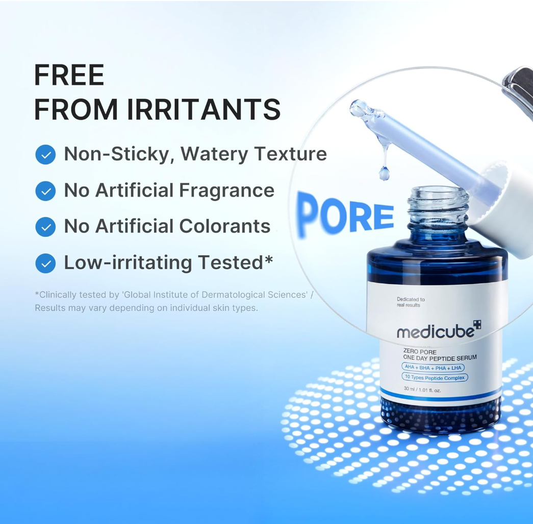 Medicube pore serum bottle with dropper on a blue background, highlighting its benefits, Medicube Zero Pore One Day Peptide Serum 30ml