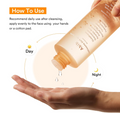 Bottle of Abib skincare product being poured onto a hand with usage instructions, Abib Glutathiosome Dark Spot Toner 200ml