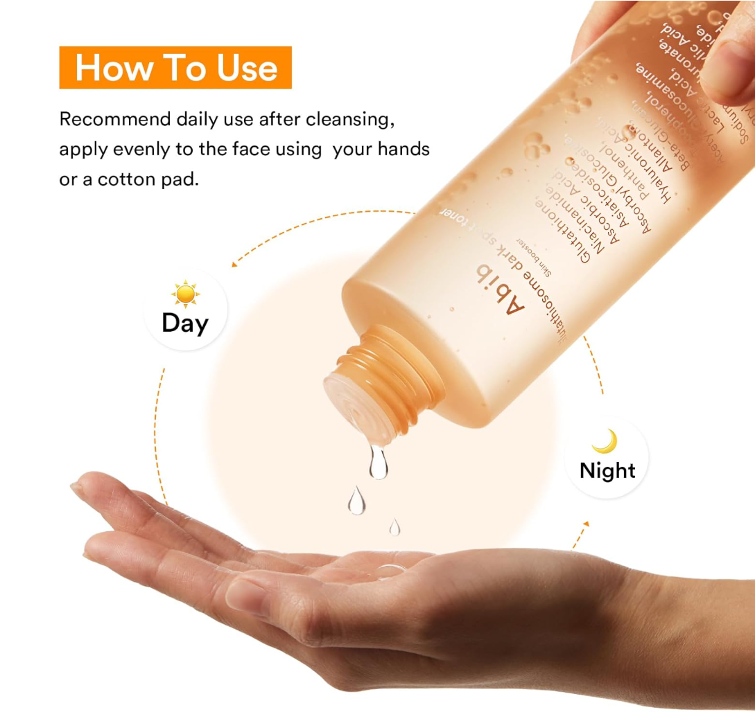 Bottle of Abib skincare product being poured onto a hand with usage instructions, Abib Glutathiosome Dark Spot Toner 200ml
