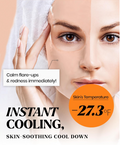 Woman with a towel on her head, split view of her face, and text about instant cooling and skin soothing, Lindsay Vitamin Modeling Mask Cup Pack 28g