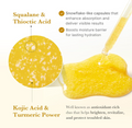 Illustration of skincare product with text about ingredients and benefits on a white background, Medicube Kojic Acid Turmeric Niacinamide Serum 30ml