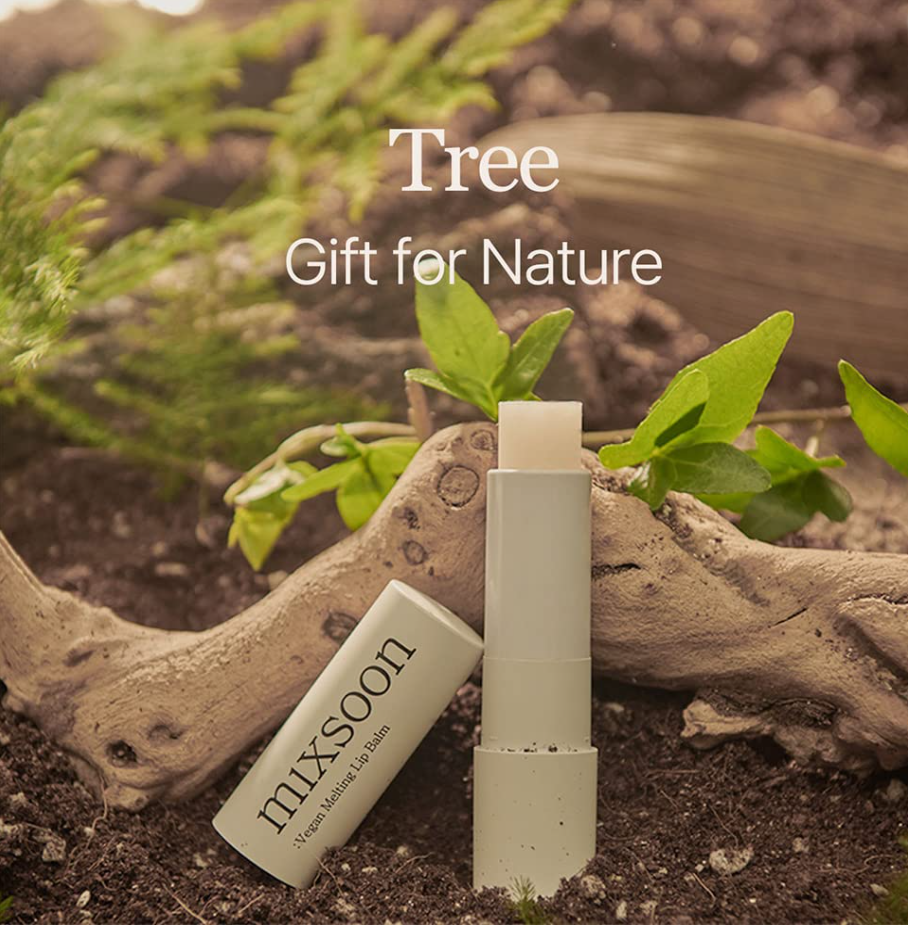 Two lip balm products on a natural background with 'Tree Gift for Nature' text, Mixsoon Vegan Melting Lip Balm 01 Clear 4.1g