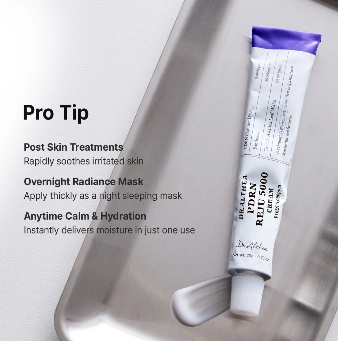 Tube of Dr. Alethea PDRN 5000 Cream on a metallic tray with text about its uses, Dr.Althea PDRN Reju 5000 Cream 20g