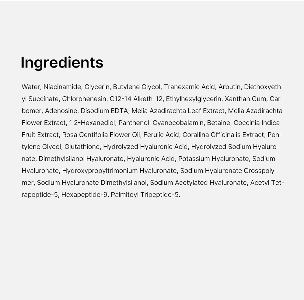 Ingredients list on a light gray background, Medicube TXA Niacinamide 15% Glow Serum 30ml