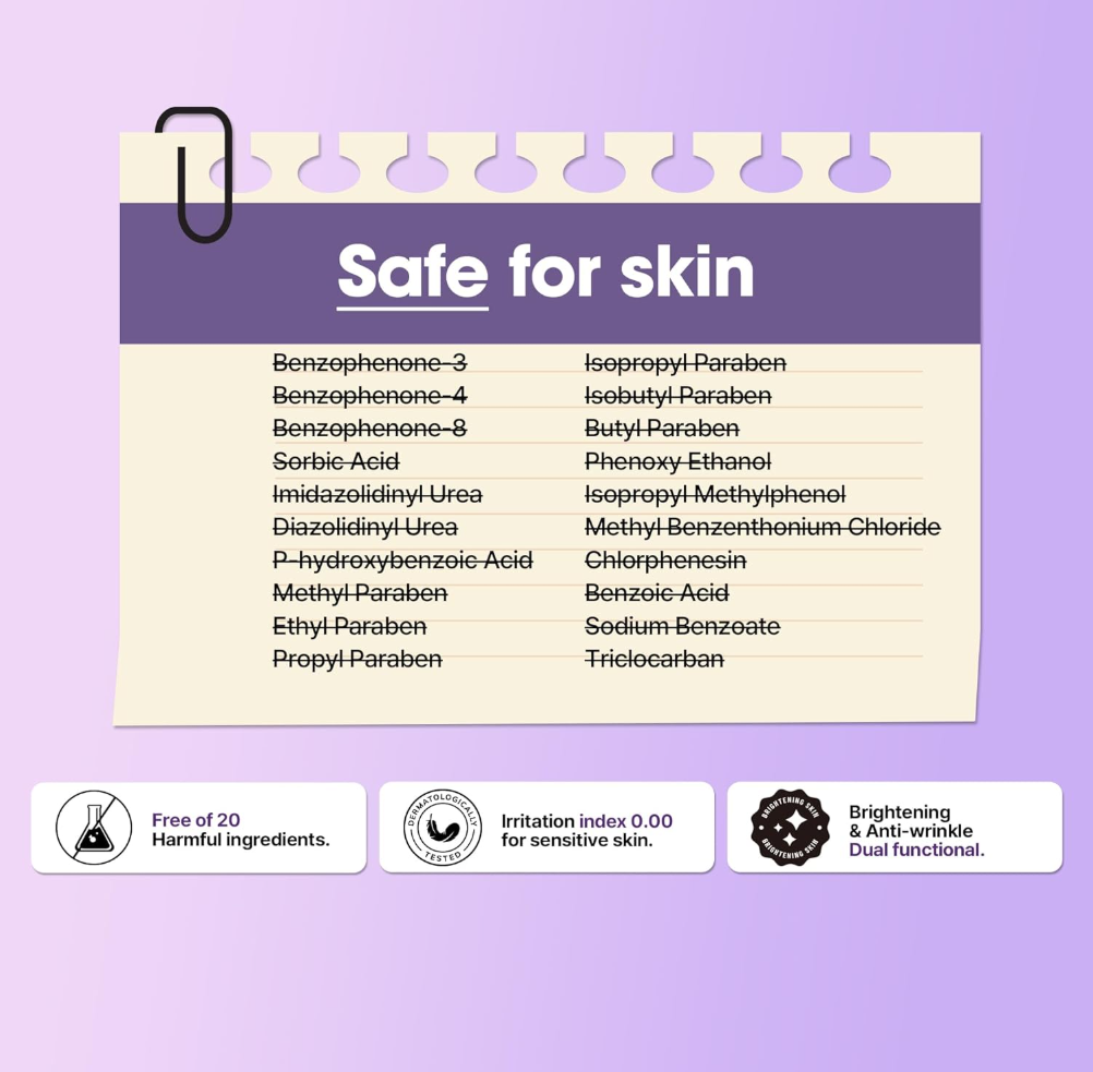 List of safe ingredients for skin on a purple background with text and icons, Somebymi Retionol Intense Reactivating Serum 30ml