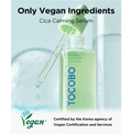 TOCOBO Cica Calming Serum bottle with a glass dropper and green liquid, featuring text 'Only Vegan Ingredients' and a Vegan certification logo on a light blue background. TOCOBO Cica Calming Serum 50ml