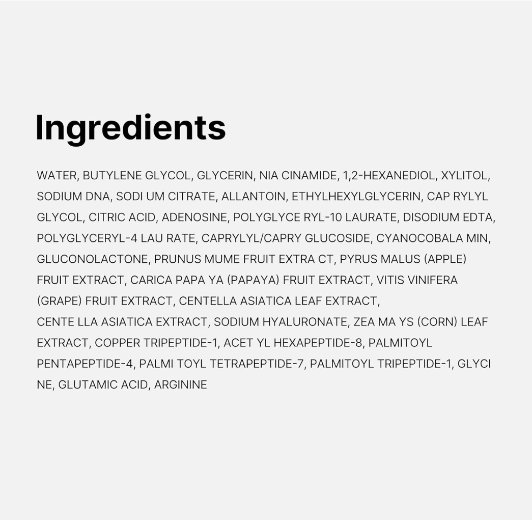List of ingredients on a white background, Medicube PDRN Pink Cica Soothing Toner 250ml