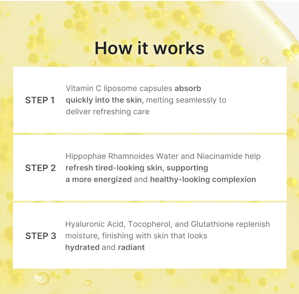 An informational graphic titled 'How it works' on a pale yellow background with a translucent yellow liquid texture. It outlines three steps: Step 1 describes Vitamin C liposome capsule absorption; Step 2 mentions Hippophae Rhamnoides Water and Niacinamide; Step 3 lists Hyaluronic Acid, Tocopherol, and Glutathione for moisture and radiance, Medicube Deep Vita C Capsule Serum 30ml