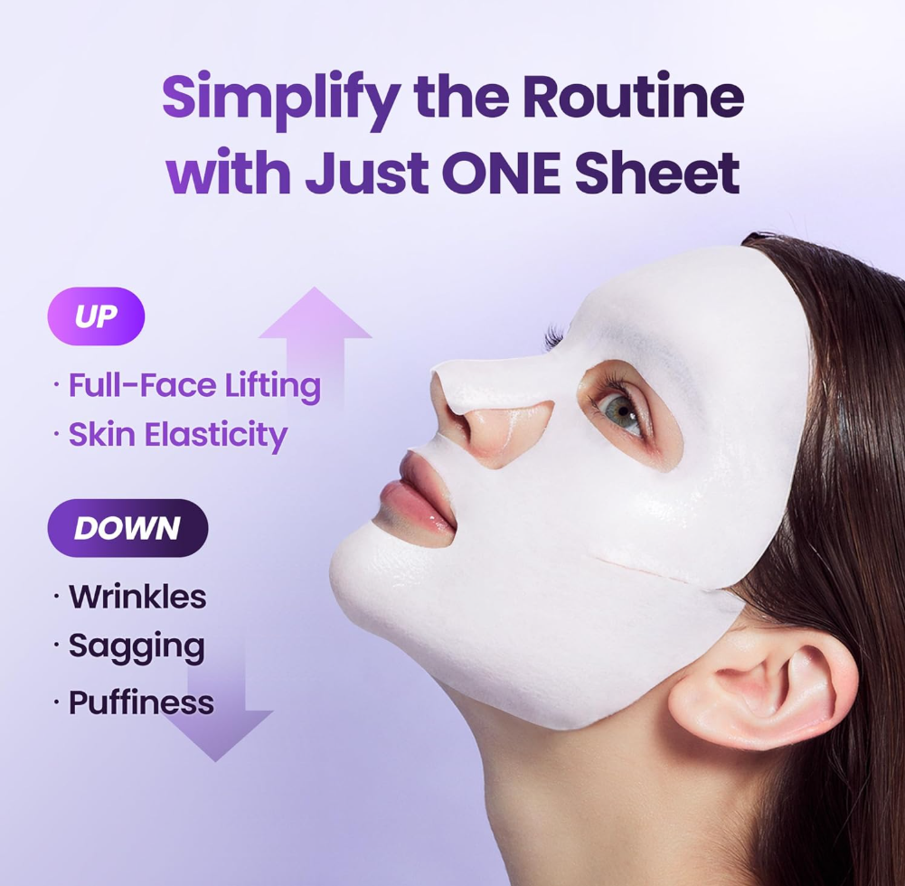 Person wearing a white sheet mask with text on a purple background, BOH Probioderm 3D Lifting Cream Mask